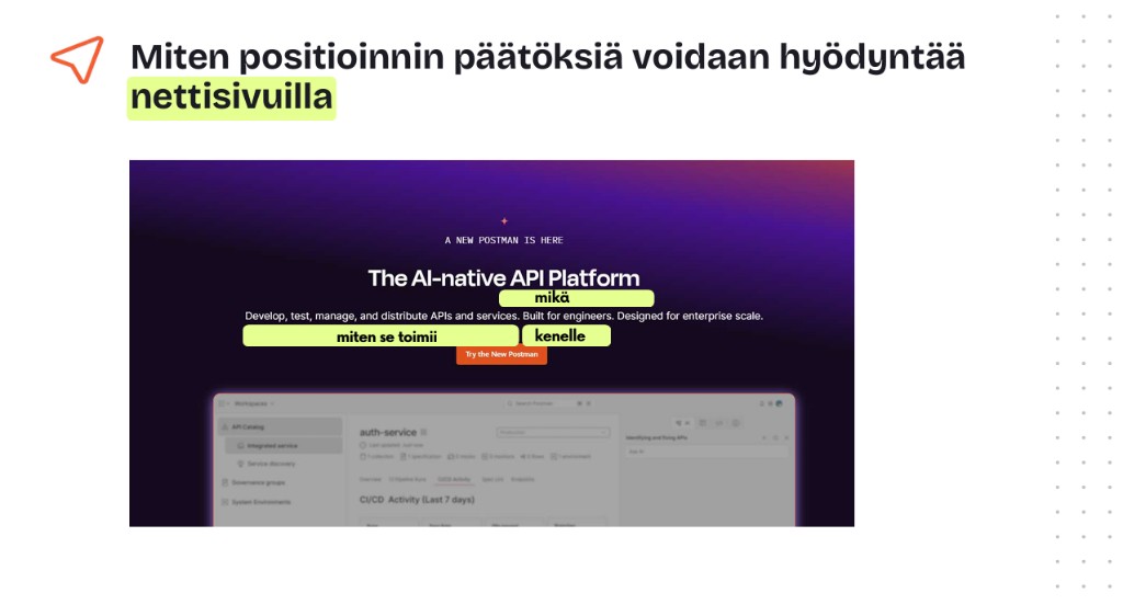 Esimerkki: miten positioinnin päätökset näkyvät nettisivuilla.